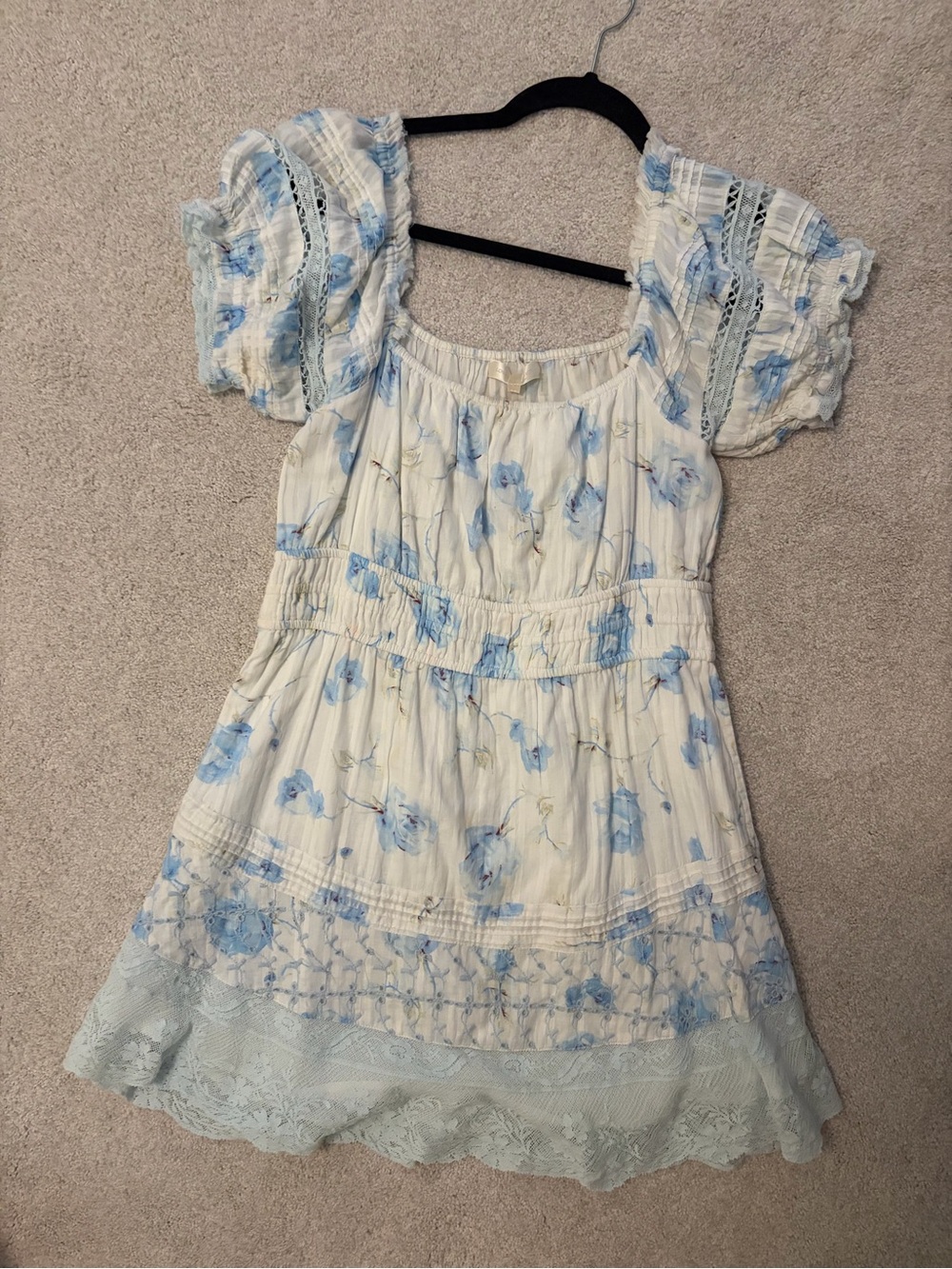 Love shack fancy White Floral Puff-Sleeve Dress with Blue Accents